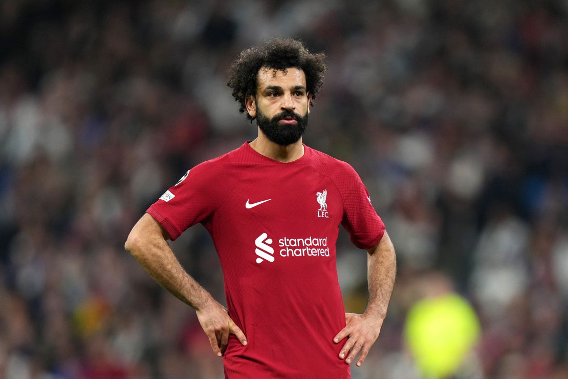 Mohamed Salah of Liverpool looks dejected during the UEFA Champions League round of 16 leg two match between Real Madrid and Liverpool FC at Estadio Santiago Bernabeu on March 15, 2023 in Madrid, Spain.