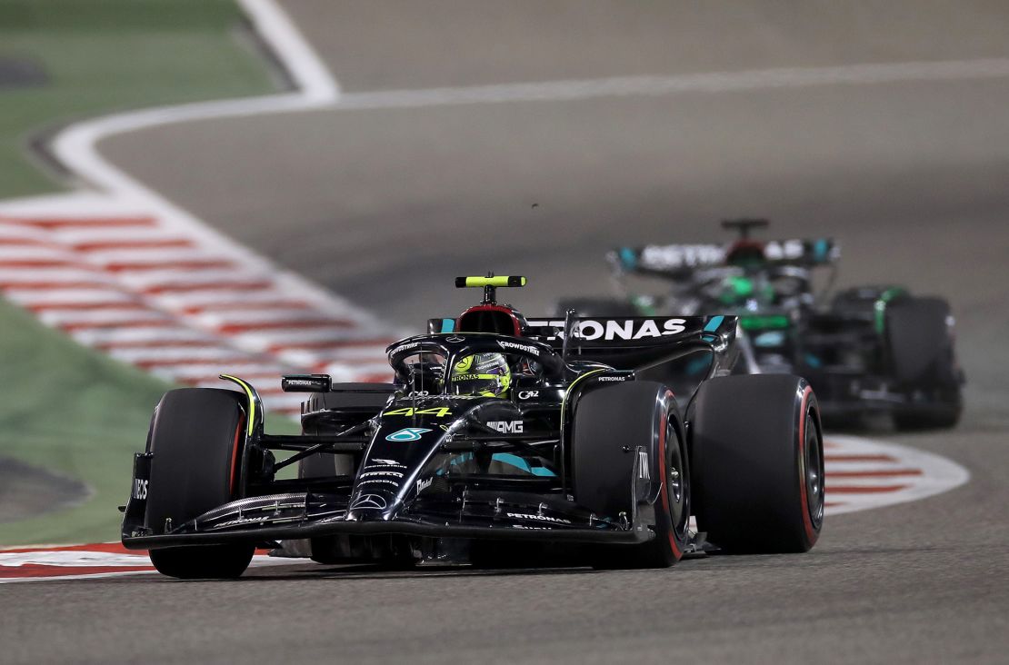 Hamilton of Great Britain drives on track during the Bahrain Grand Prix.