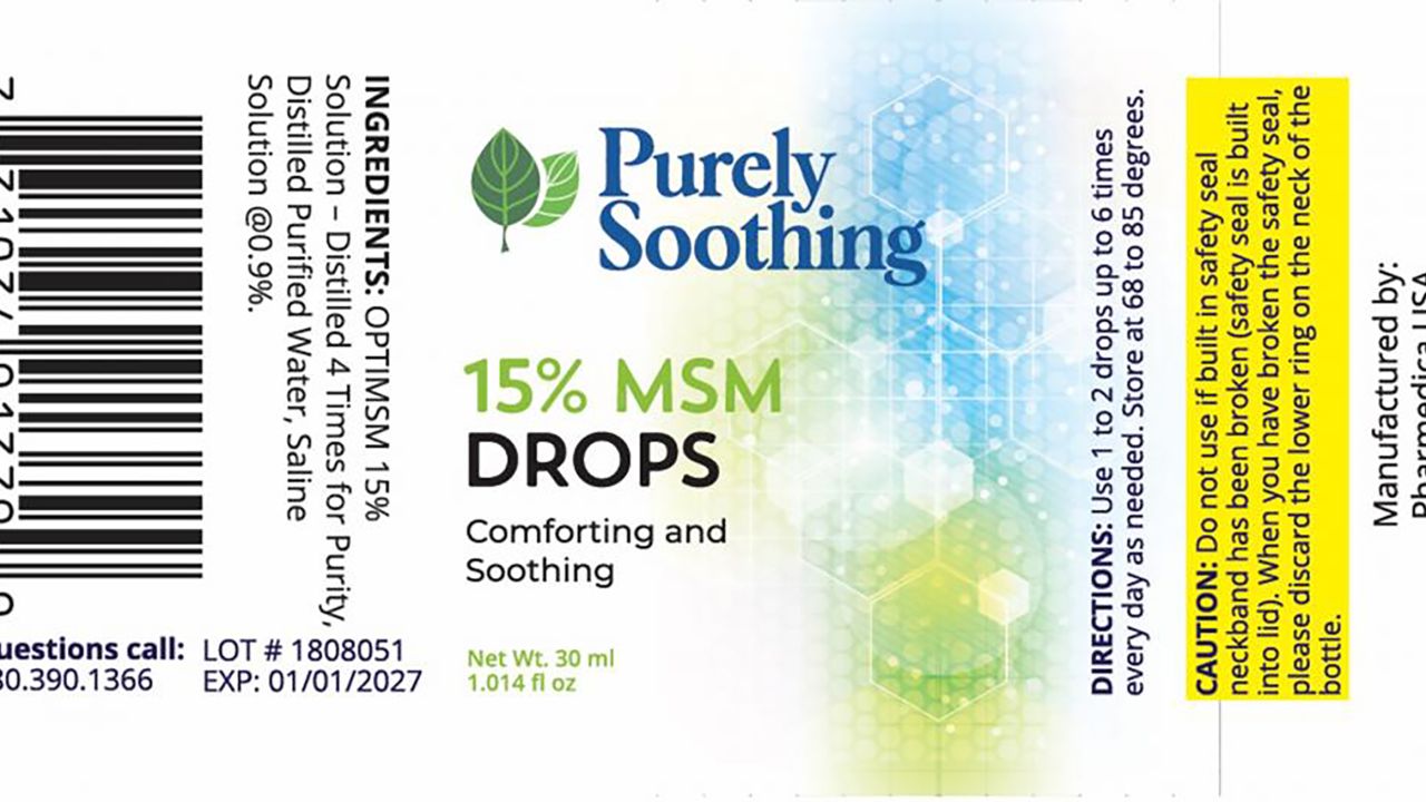 Pharmedica USA is recalling two lots of anti-inflammatory Purely Soothing 15% MSM Drops due "to non-sterility," according to the March 3 FDA announcement.