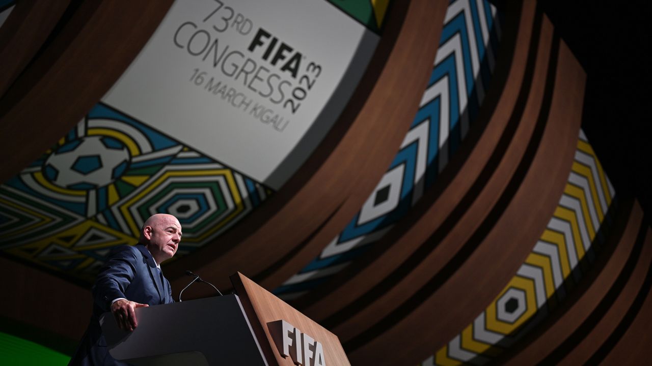 Infantino delivers his closing remarks at the FIFA Congress in Kigali. 