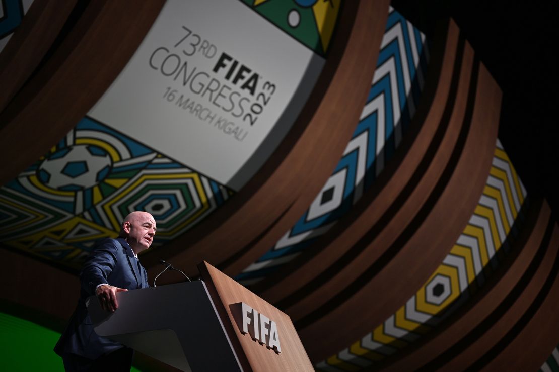 Infantino delivers his closing remarks at the FIFA Congress in Kigali. 