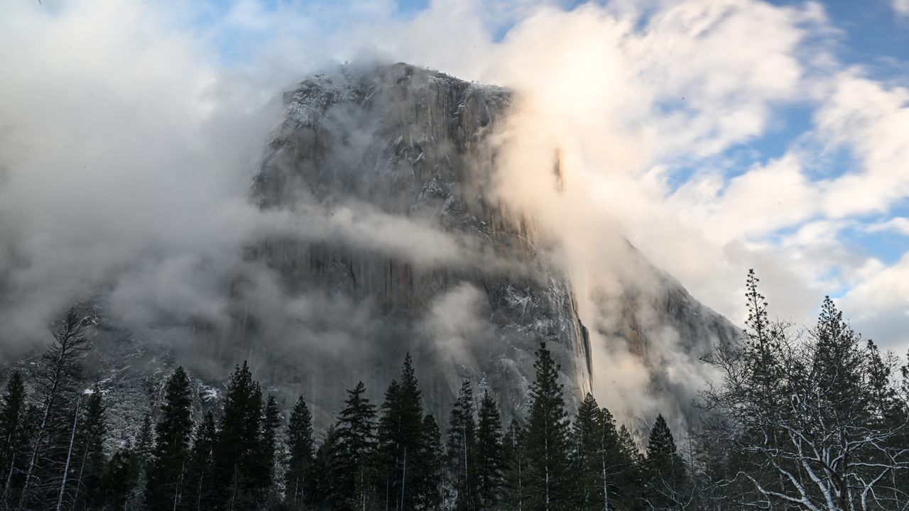 A view of El Capitan as snow blanked Yosemite National Park in California on February 22, 2023. The park will partially reopen on Saturday.