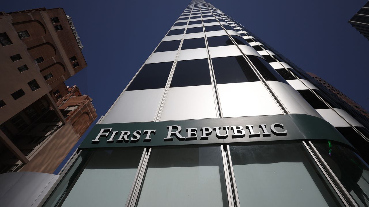 A sign is posted on the exterior of a First Republic Bank office on March 16, 2023 in San Francisco.  