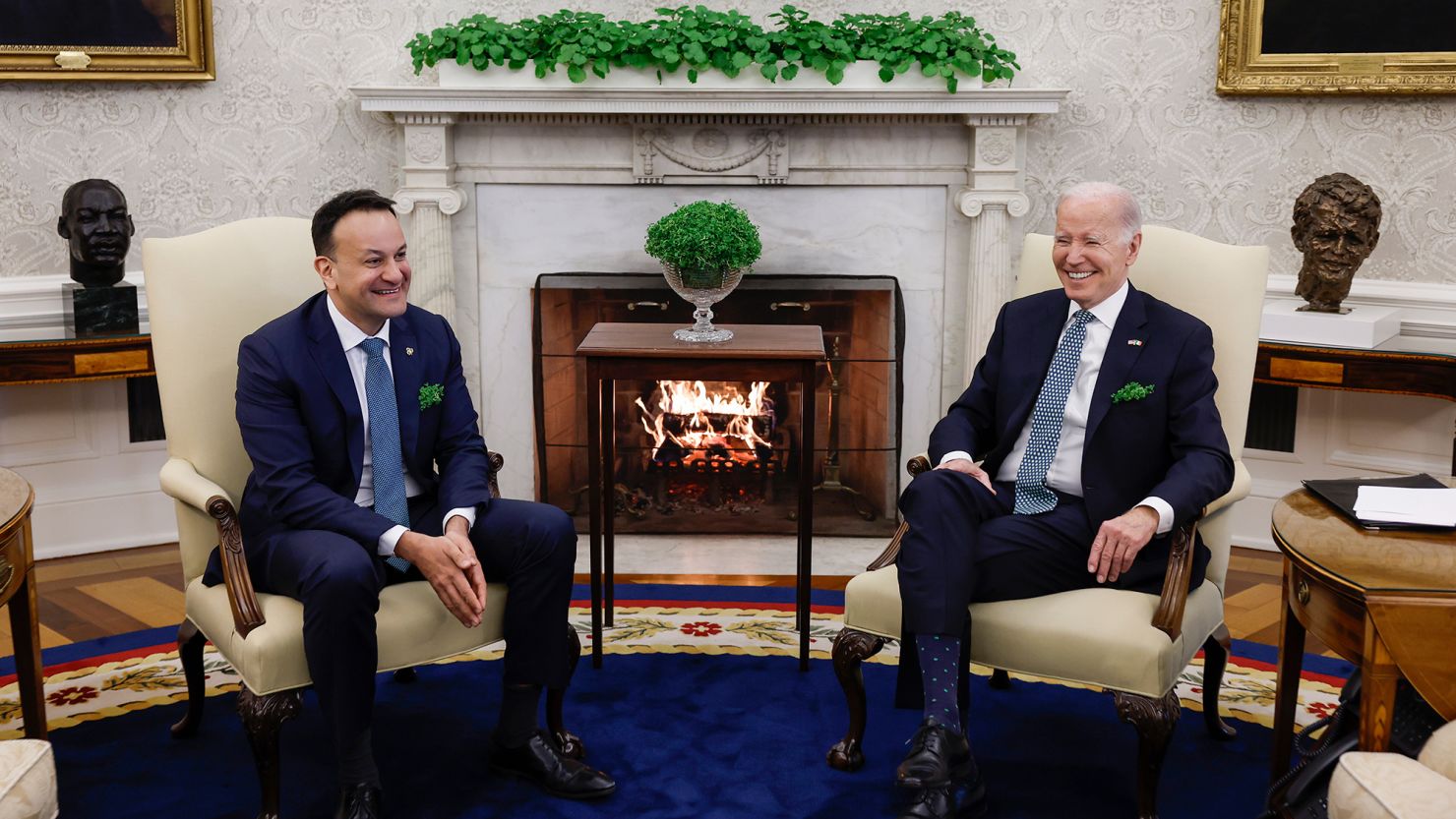 President Joe Biden and Irish Taoiseach Leo Varadkar speak to one another in the Oval Office of the White House on March 17, 2023 in Washington, DC.