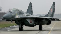 Polish MiG-29 taxis after a training mission at the military airport near Minsk Mazowiecki, east of Warsaw, December 6, 2005.