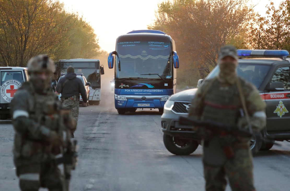 A bus carrying civilians evacuated from the Azovstal steel plant in Mariupol arrives in the village of Bezimenne in Ukraine's Donetsk region on May 6, 2022.