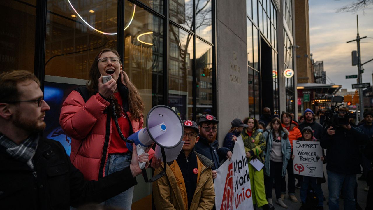Members of the Alphabet Workers Union rallied outside Google's New York office in January following the layoffs. Hundreds of new employees have joined the union since the layoffs, an organizing member told CNN.