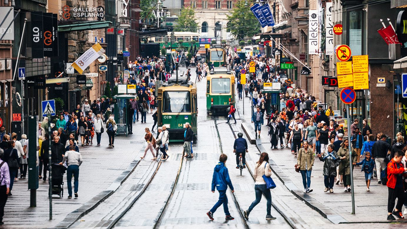 <strong>1. Finland: </strong>For the sixth year in a row, Finland is the world's happiest country, according to the World Happiness Report. Aleksanterinkatu (Aleksi Street) in Helsinki is pictured.