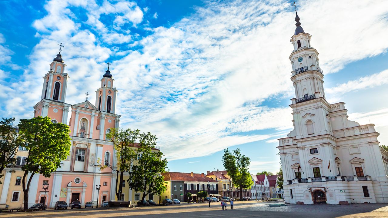 Lithuania, with the main square in Kaunas pictured, made it into the top 20 in the latest World Happiness Report.
