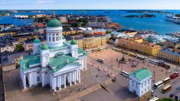 Helsinki cityscape with Lutheran cathedral at Senate square Aerial