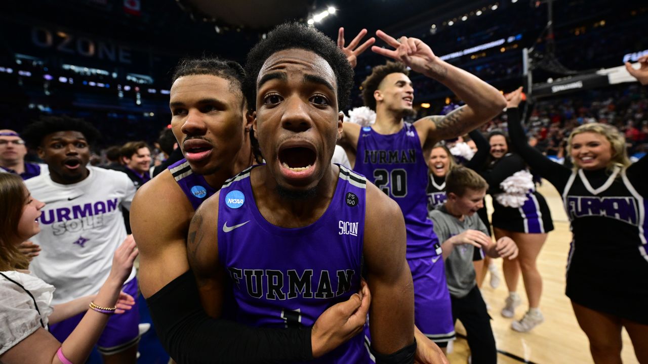 JP Pegues scored the game-winning three as the Furman Paladins upset the Virginia Cavaliers in the first round of the 2023 NCAA Division I men's basketball championship.