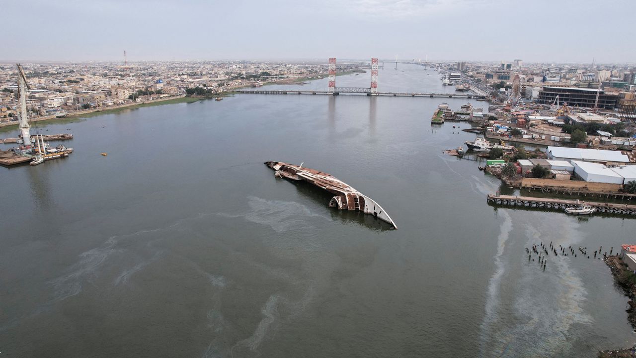 An aerial view of the 'Al-Mansur' yacht, once belonging to former Iraqi President Saddam Hussein, which has been lying on the water bed for years in the Shatt al-Arab waterway, in Basra, Iraq on March 9, 2023.