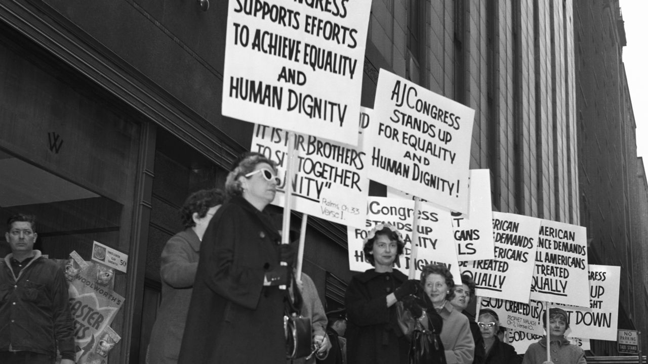 Leaders of the American Jewish Congress picket a Woolworth store in New York in April 1960 in support of Black students protesting lunch counter segregation in the South. 
