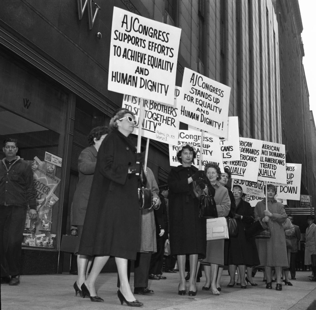 Leaders of the American Jewish Congress picket a Woolworth store in New York in April 1960 in support of Black students protesting lunch counter segregation in the South. 