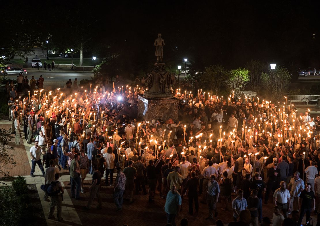 White nationalists and White supremacists at the 2017 "Unite the Right" rally in Charlottesville, Virginia, chanted slogans including "Jews will not replace us."