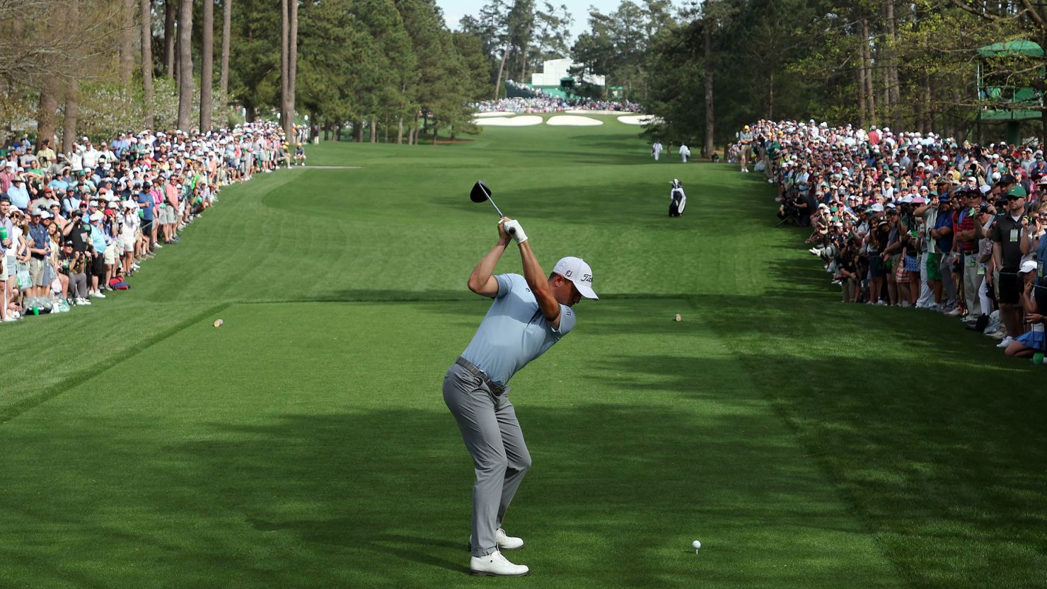 Justin Thomas drives from the tee during a practice round prior to the Masters at Augusta National Golf Club in April 2022.