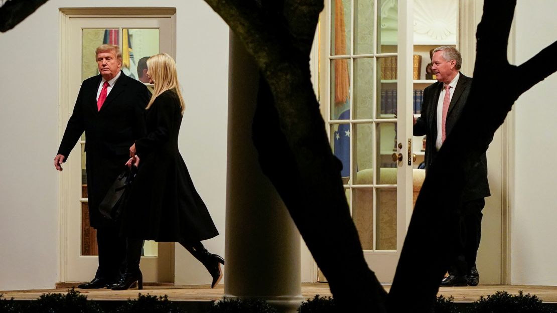 President Donald Trump and White House Senior Advisor Ivanka Trump walk to Marine One as White House Acting Chief of Staff Mark Meadows watches, upon his departure to campaign for Republican candidates in the Georgia Senate runoff race from the White House in Washington, U.S., January 4, 2021.