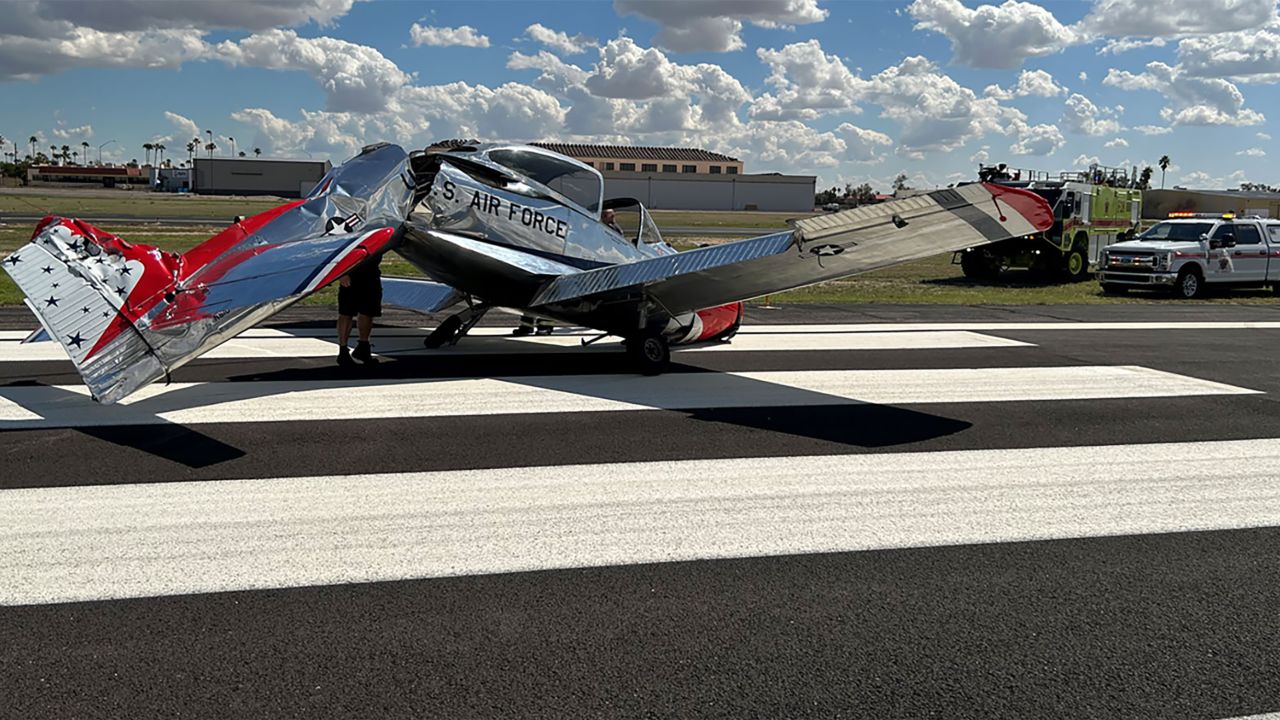 The Mesa Fire and Medical Department released this photo of an aircraft involved in a collision while participating in an aerial demonstration at Falcon Field in Mesa, Arizona.