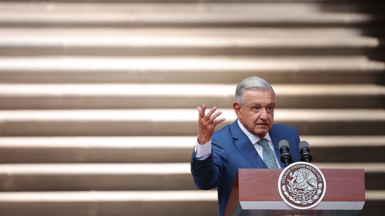 MEXICO CITY, MEXICO - JANUARY 10: President of Mexico Andres Manuel Lopez Obrador speaks during a message for the media as part of the '2023 North American Leaders' Summit at Palacio Nacional on January 10, 2023 in Mexico City, Mexico. President Lopez Obrador, USA President Joe Biden and Canadian Prime Minister Justin Trudeau gather in Mexico from January 9 to 11 as part of the 10th North American Leaders' Summit. The agenda includes topics on the climate change, immigration, trade and economic integration, security among others. (Photo by Hector Vivas/Getty Images)