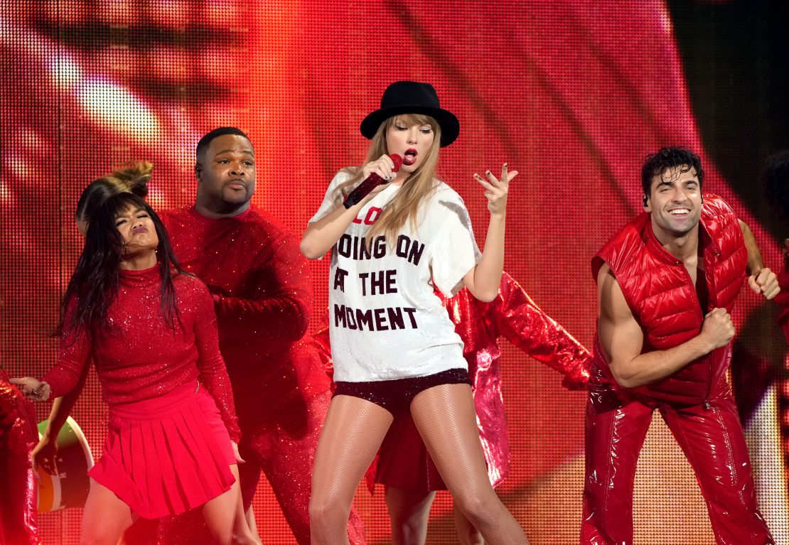 Taylor Swift on stage for the opening night of her "Eras Tour" in Arizona on March 17. 
