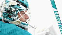 James Reimer #47 of the San Jose Sharks skates during warmups before the game against the Boston Bruins at SAP Center on January 7, 2023 in San Jose, California.