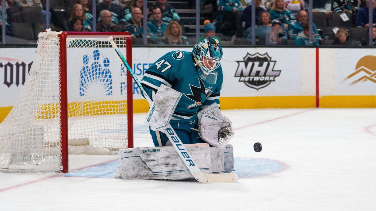 Reimer (47) makes a save against the Seattle Kraken during the first period at SAP Center at San Jose on March 16. 