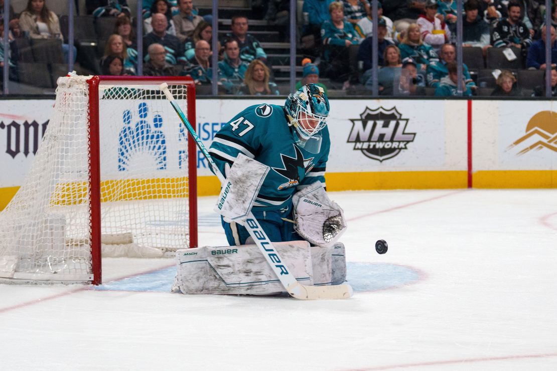 Reimer (47) makes a save against the Seattle Kraken during the first period at SAP Center at San Jose on March 16. 