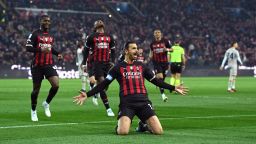 Zlatan Ibrahimovic of AC Milan celebrates with team-mates after scoring the goal during the Serie A match between Udinese Calcio and AC Milan at Dacia Arena on March 18, 2023 in Udine, Italy.