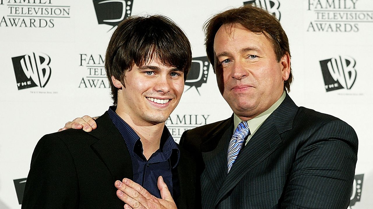 Jason Ritter, left, and John Ritter are pictured in Beverly Hills, California, in 2003.