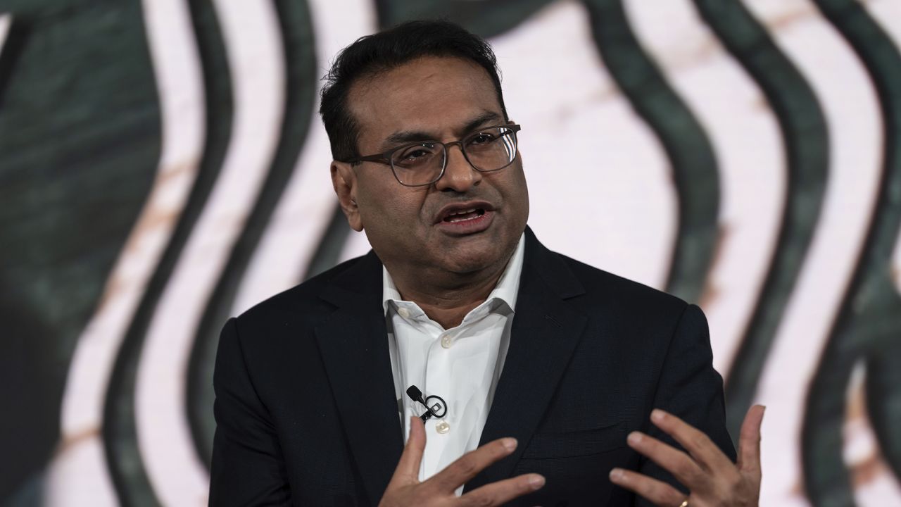 Incoming CEO Laxman Narasimhan speaks from the stage during Starbucks Investor Day, Tuesday, Sept. 13, 2022, in Seattle.