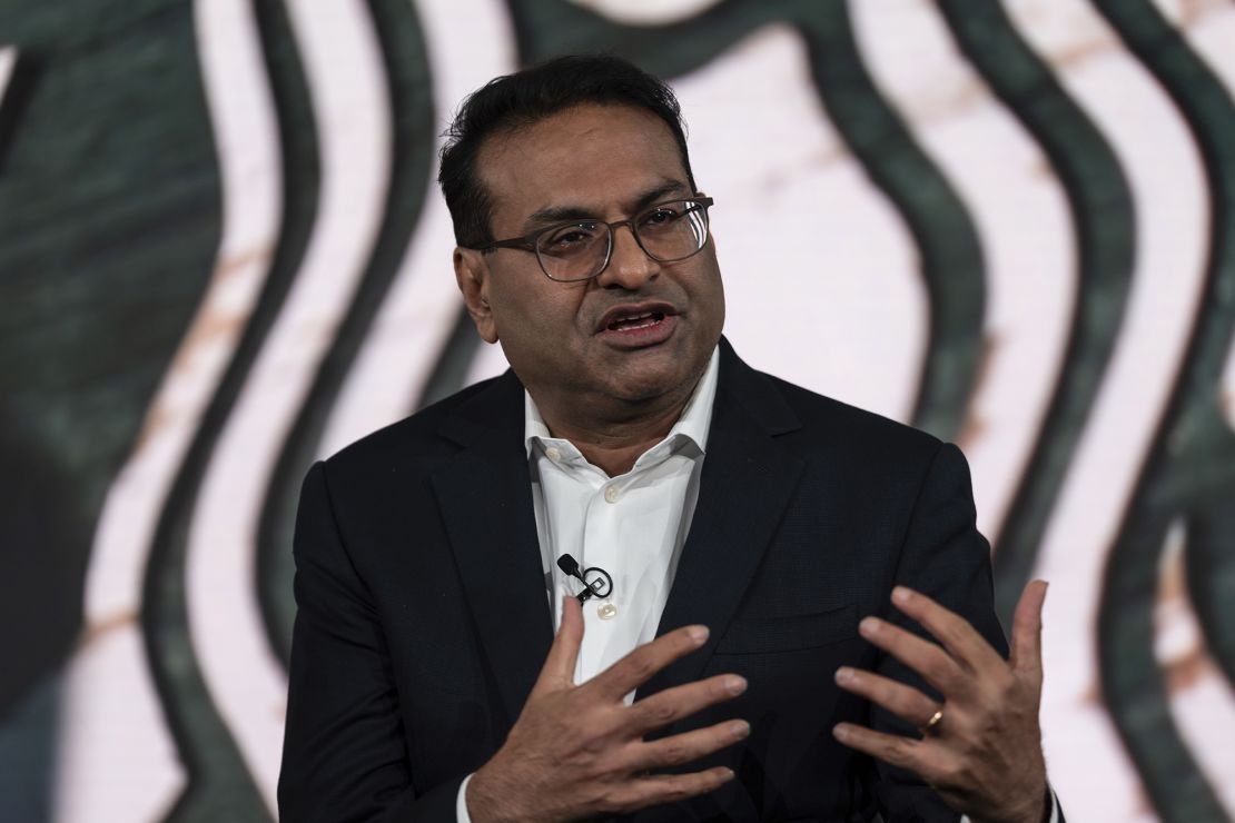 Incoming CEO Laxman Narasimhan speaks from the stage during Starbucks Investor Day, Tuesday, Sept. 13, 2022, in Seattle.