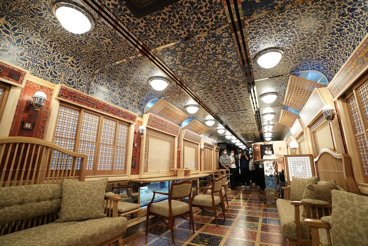 The interior of Kyushu Railway Co.'s new sightseeing train, dubbed Two Stars 4047.