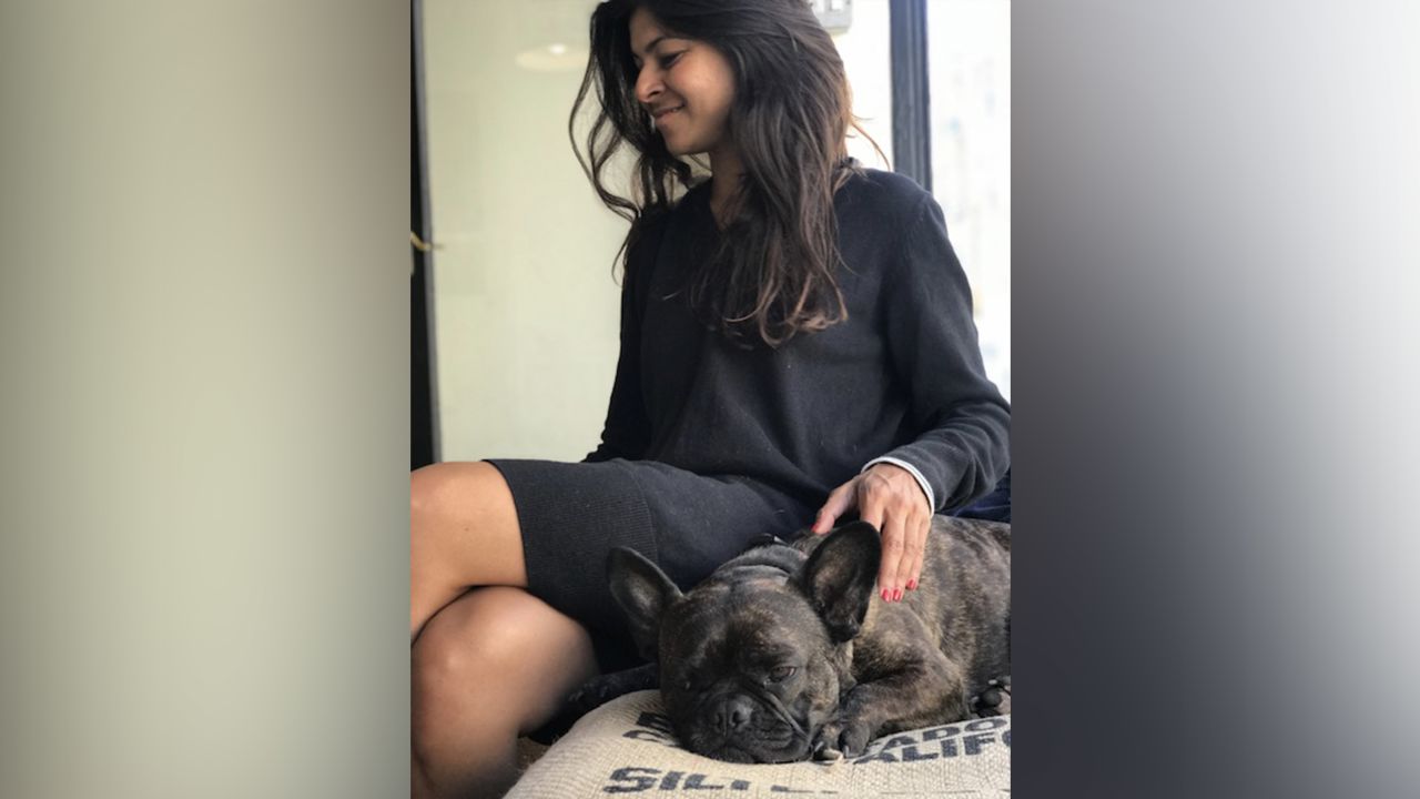 Urmee Khan with her French bulldog, Bertie.