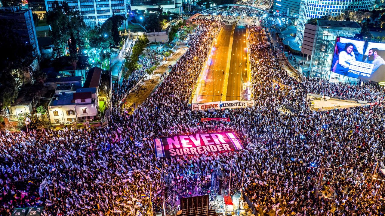 An aerial view shows people protesting in Tel Aviv on March 18.