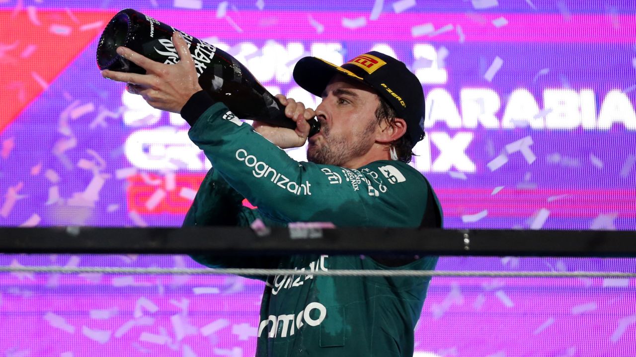 Fernando Alonso celebrates finishing third at the Saudi Arabian Grand Prix.
