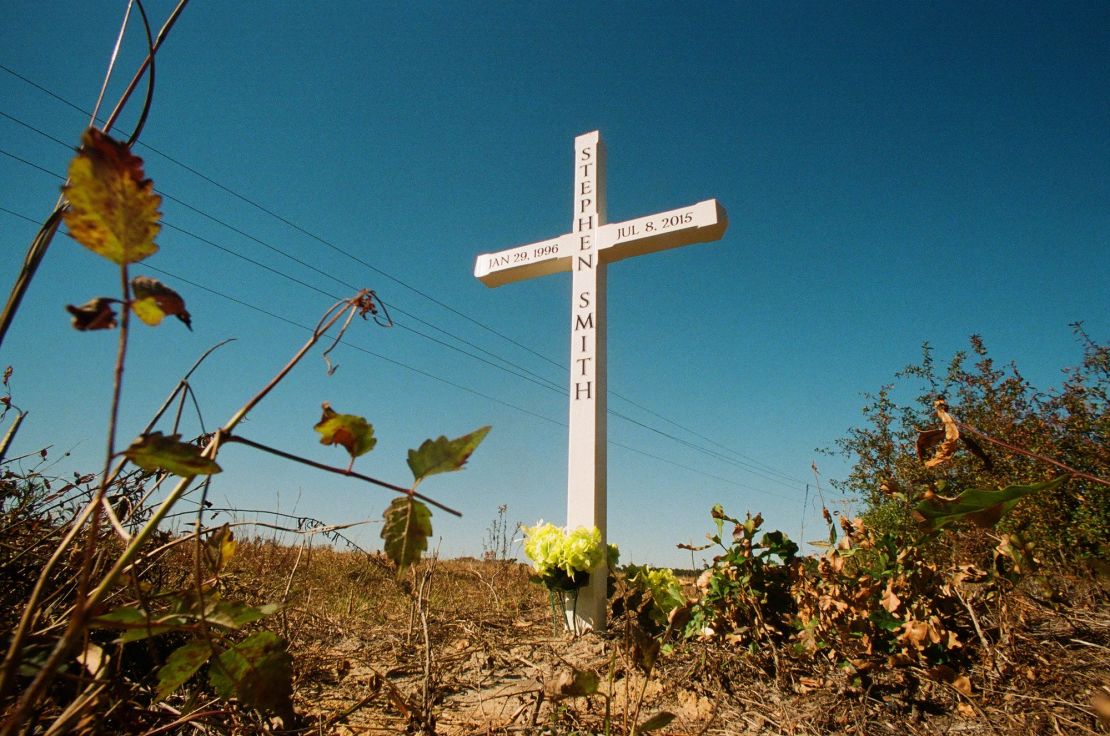 A roadside wooden cross marks the spot where Stephen Smith's body was found on Sandy Run Road in rural Hampton County, South Carolina.