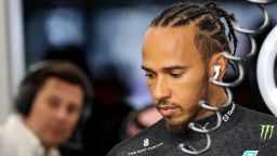 Mercedes' British driver Lewis Hamilton looks on in the pits during the third practice session ahead of the 2023 Saudi Arabia Formula One Grand Prix at the Jeddah Corniche Circuit in Jeddah on March 18, 2023. (Photo by Giuseppe CACACE / AFP) (Photo by GIUSEPPE CACACE/AFP via Getty Images)