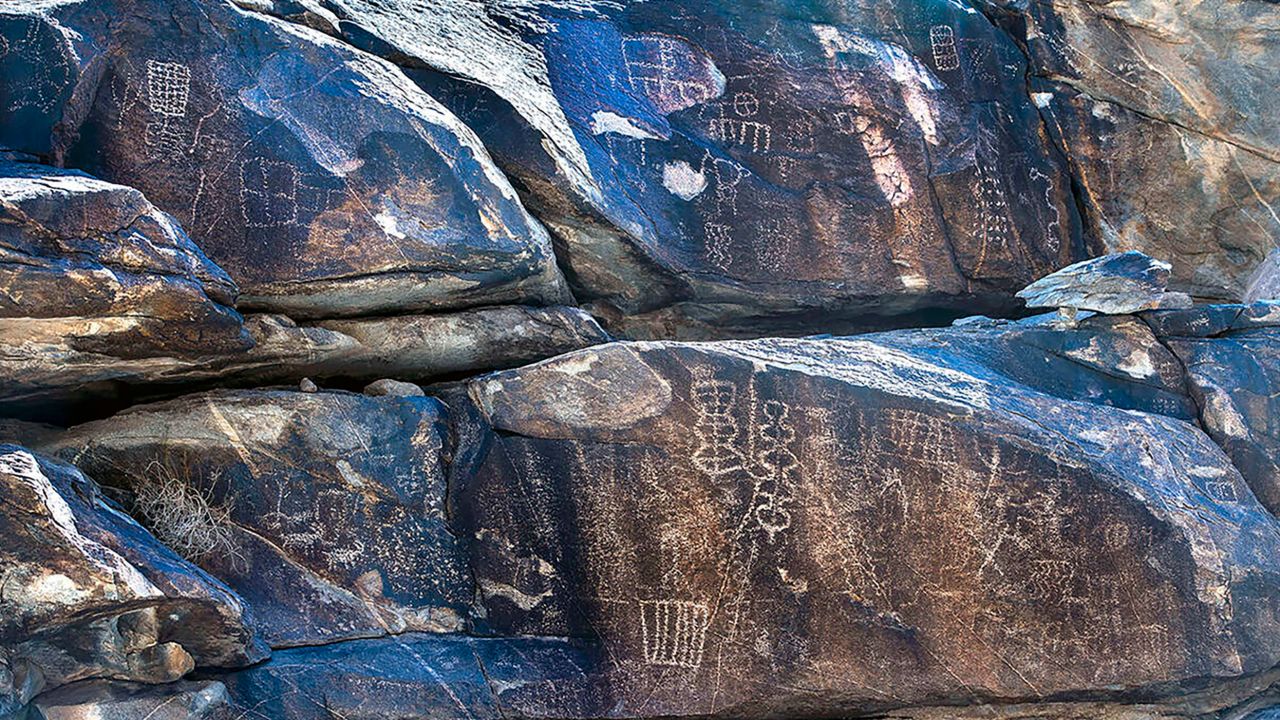 Native American petroglyphs line the rock walls in Hiko Springs within the proposed Avi Kwa Ame National Monument site in Nevada.