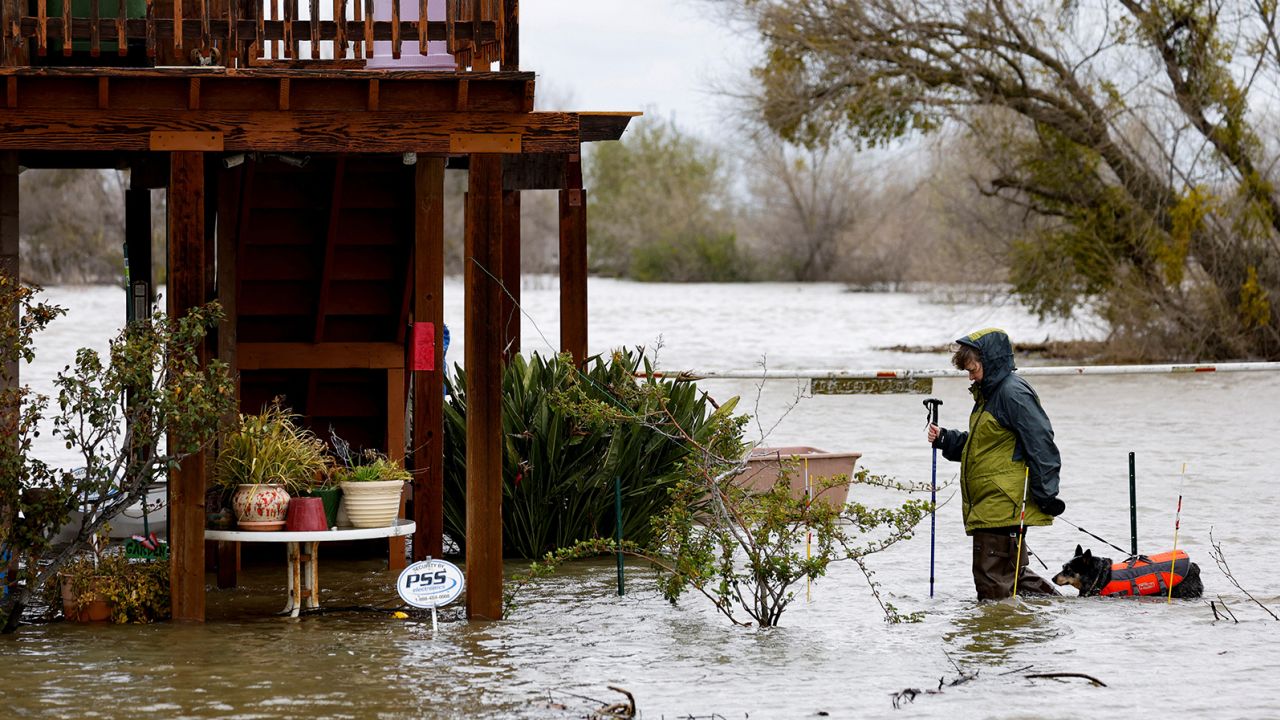 Kristen Vogt and her dog Roo walk home through floodwater Sunday in Manteca, California.