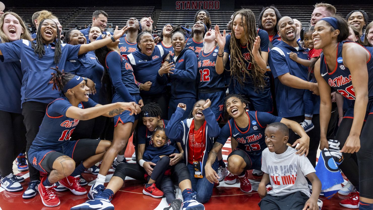 Ole Miss Rebels players celebrate their win against the Stanford Cardinal in the second round of the NCAA women's tournament.