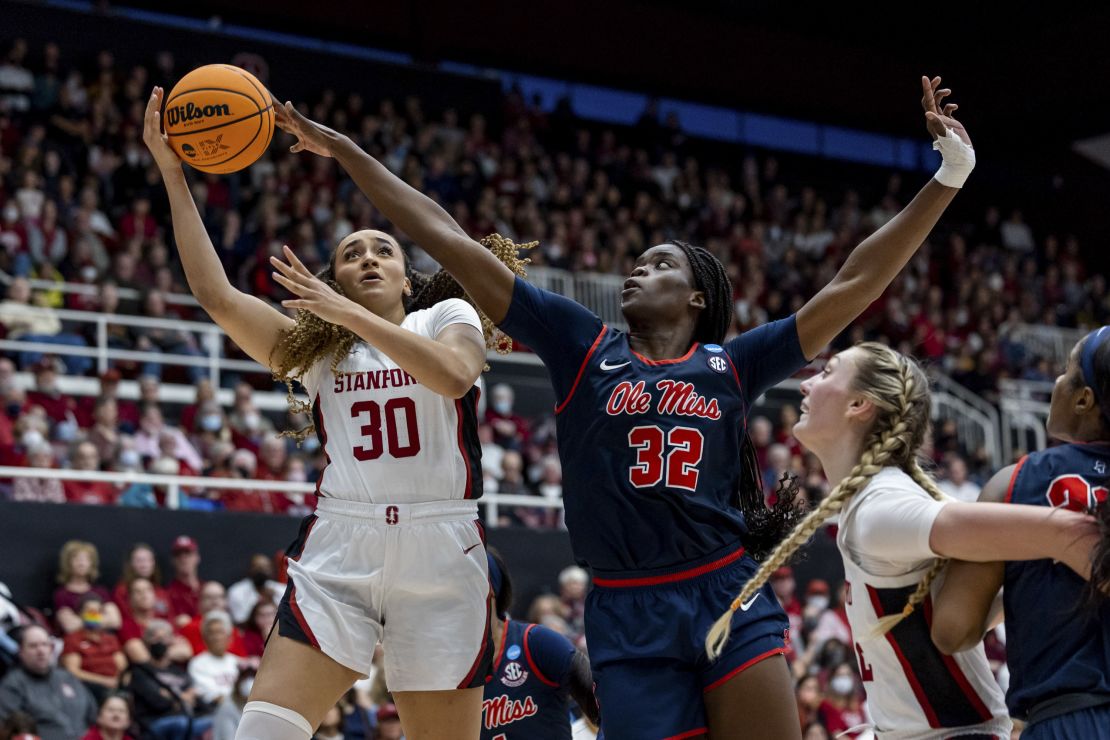 Stanford Cardinal guard Haley Jones (left) attempts a shot against the Ole Miss Rebels with Rita Igbokwe defending.