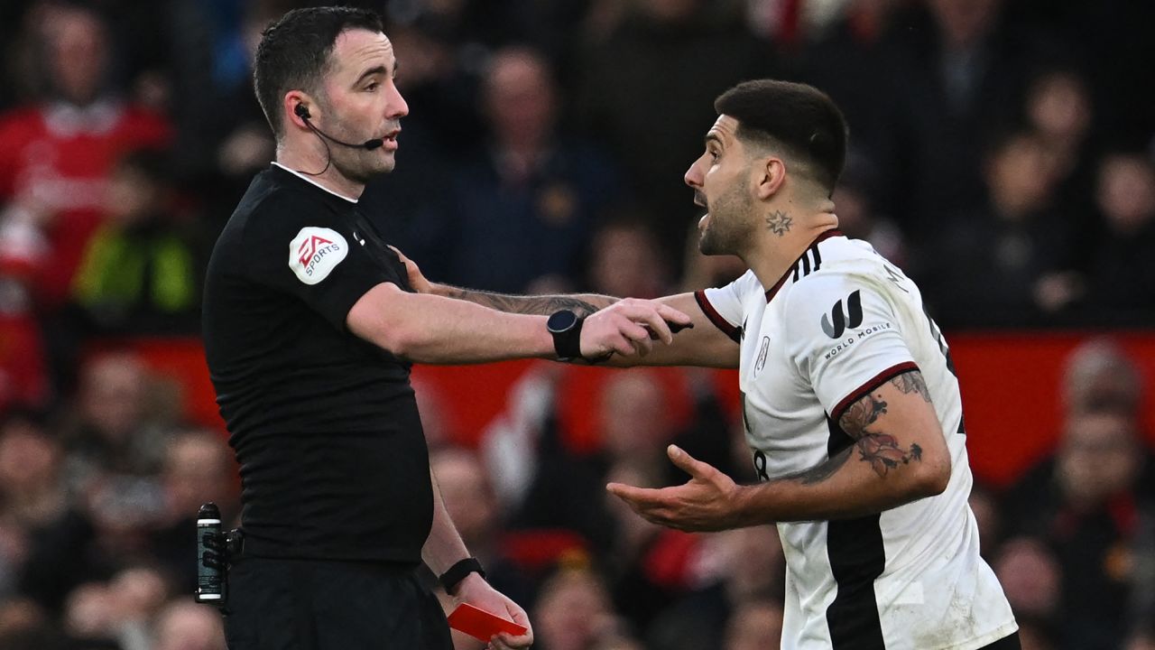 Fulham striker Aleksandar Mitrovic argues with referee Chris Kavanagh before getting sent off. 