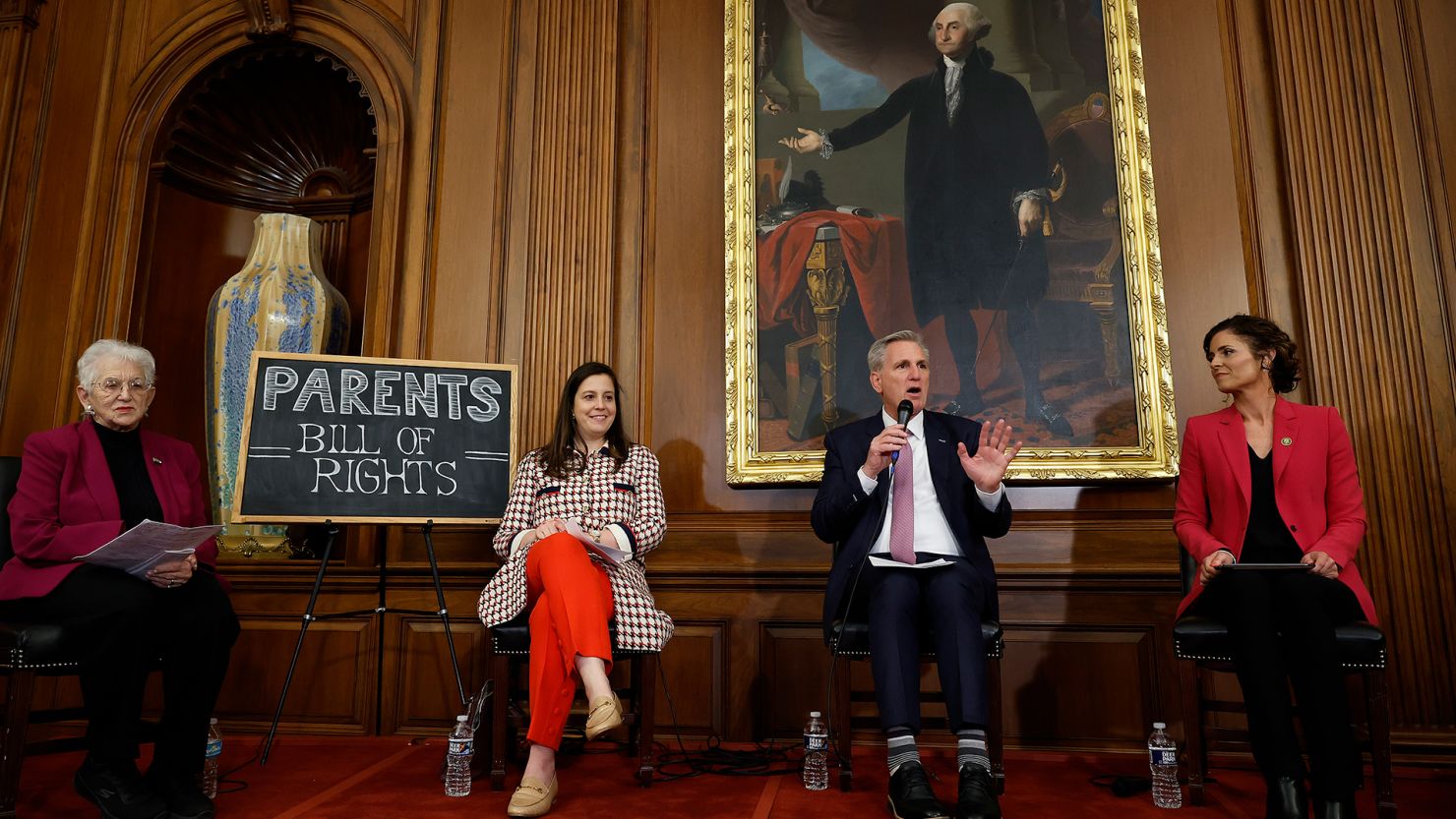 GOP Reps. Virginia Foxx, Elise Stafanik,, Speaker of the House Kevin McCarthy and Julia Letlow hold an event to introduce the Parents Bill of Rights Act in the Rayburn Room at the U.S. Capitol on March 1, 2023 in Washington.  