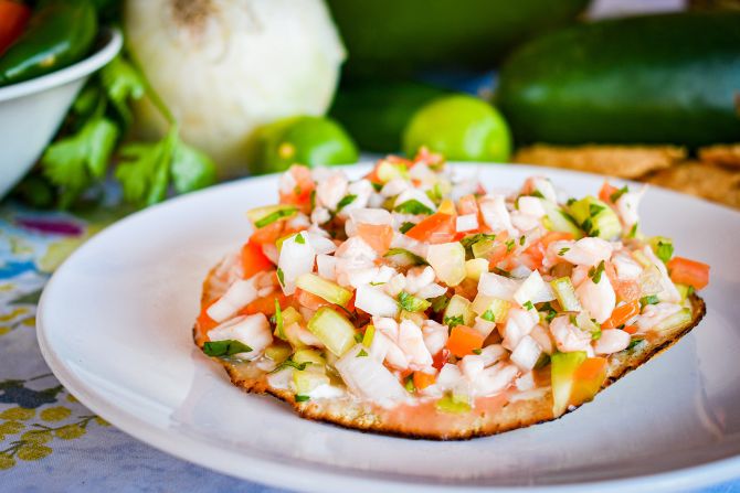 <strong>Mariscos: </strong>Ceviche is a common seafood option in Mexico's coastal regions. Raw fish or shrimp is cured in citrus juice, accented frequently by sliced rings of jalapeño, cubed cucumber and a chilled tomato-based broth.
