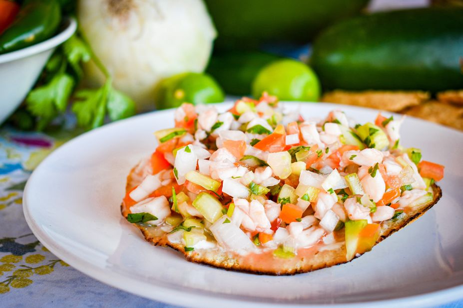 <strong>Mariscos: </strong>Ceviche is a common seafood option in Mexico's coastal regions. Raw fish or shrimp is cured in citrus juice, accented frequently by sliced rings of jalapeño, cubed cucumber and a chilled tomato-based broth.