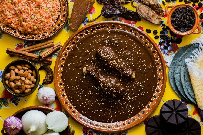 <strong>Mole: </strong>Mole is widely considered one of Mexico's most iconic dishes, ranging in color from rich brown and fiery red to verdant green, yellow and black — just to name a few. The word <em>mole</em> comes from the Aztec word <em>molli</em>, which means "sauce."