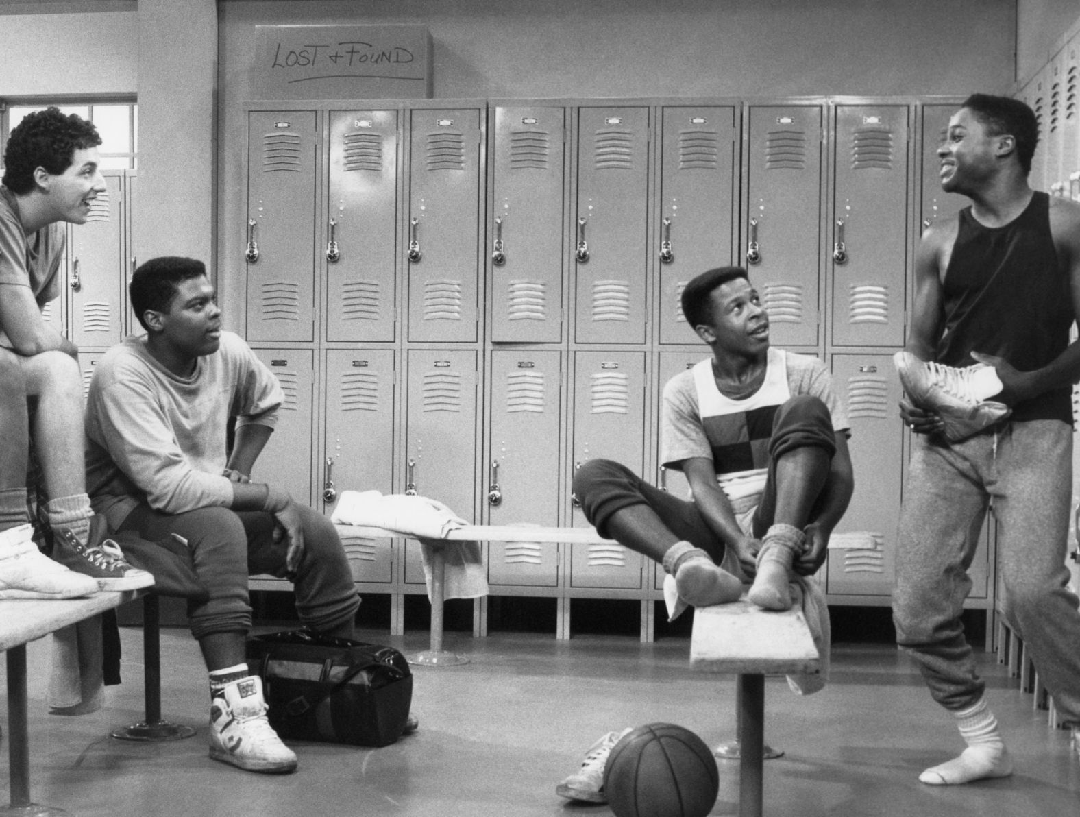 Sandler made his first television appearance in 1987, appearing on a few episodes of  "The Cosby Show" as a friend of the Huxtable family. With him in this scene, from left, are Troy Winbush, Dennis Singletary and Malcolm-Jamal Warner.