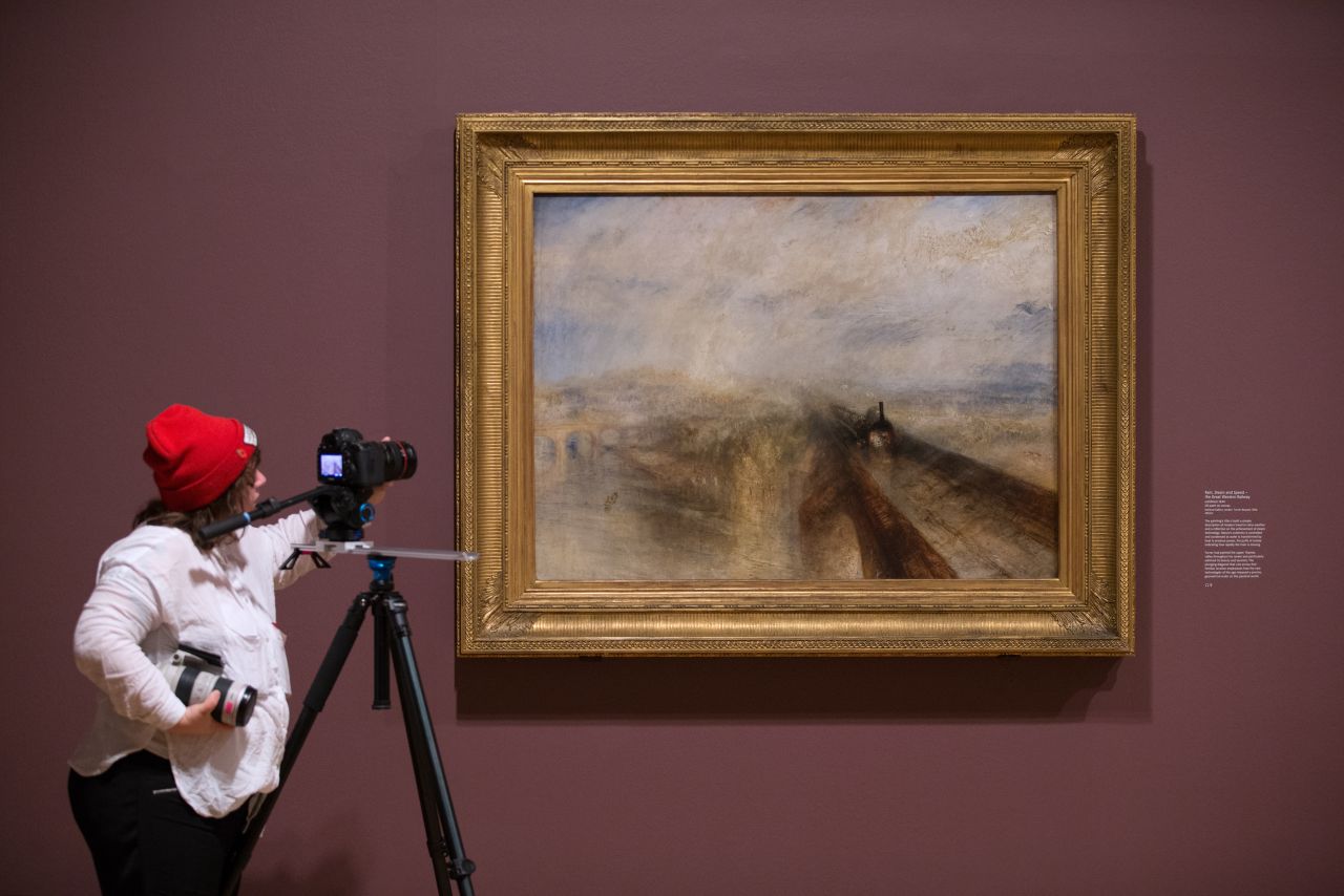 A painting by J.M.W. Turner titled "Rain, Steam and Speed — the Great Western Railway" in an exhibition at the Tate Britain gallery in 2014 in London, England.