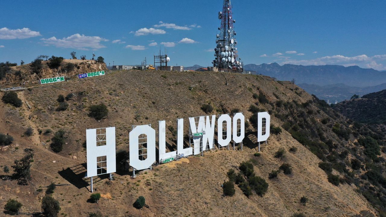 The Hollywood sign is seen as it is repainted in preparation for its 100th anniversary in 2023, in Hollywood on September 28, 2022.