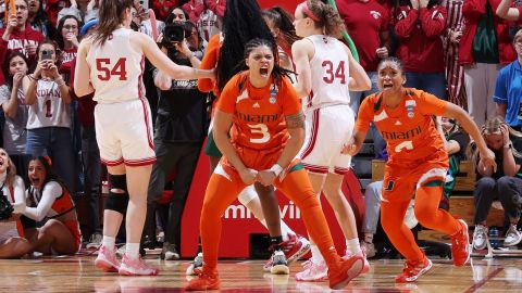 BLOOMINGTON, IN - MARCH 20: Destiny Harden #3 of the Miami Hurricanes reacts after making the game winning shot against the Indiana Hoosiers during the second round of the 2023 NCAA Women's Basketball Tournament held at Simon Skjodt Assembly Hall on March 20, 2023 in Bloomington, Indiana. (Photo by Joe Robbins/NCAA Photos via Getty Images)